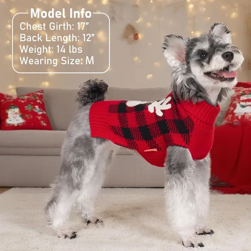 Vista 4 de KYEESE - Suéter de Navidad para perros con diseño de renos para perros pequeños, ropa a cuadros de búfalo rojo con agujero para la correa para días