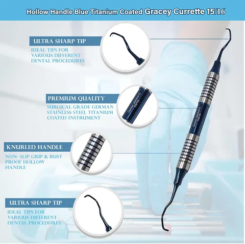 Vista 2 de Cureta Gracey Dental 15/16 Mango Hueco Periodontal Higiene Oral Scalers, Acero Inoxidable Azul Titanio Recubierto Cálculo Tartar Eliminación Médico