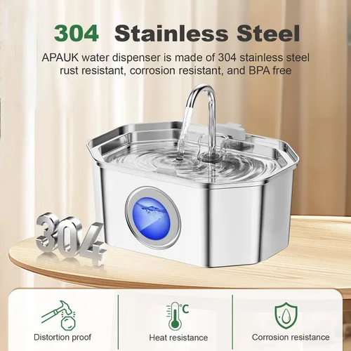 Vista 3 de Fuente de Agua para Gatos de Acero Inoxidable 108oz/3.2L, APAUK Fuente Automática para Mascotas Dispensador de Agua con Ventana de Nivel de Agua