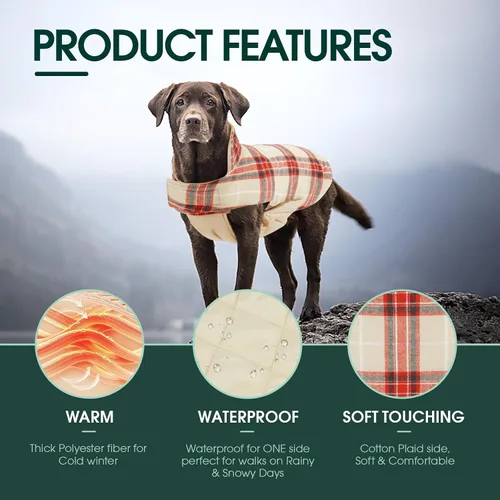 Vista 3 de Kuoser Abrigo impermeable para perro, chaqueta reversible cálida para perro beigeYrojo