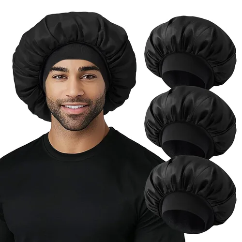 Vista 9 de Gorro para hombre, gorro de doble capa para dormir, gorro de dormir ajustable con banda elástica, gorros de satén de seda para trenzas de cabello