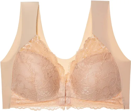 Vista 2 de Sujetadores para mujer, cómodo brasier de corsé con hebilla frontal cruzada lateral, brasier de encaje acolchado, sin varillas, cobertura completa