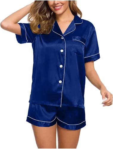Vista 5 de Conjunto de pijama de satén para mujer, con botones, manga corta, 2 piezas, pijama de seda, suave, cómodo, sólido, ropa de dormir