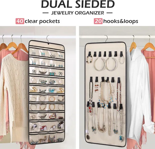 Vista 2 de MISSLO Organizador de joyas colgante de doble cara con 40 bolsillos y 20 ganchos y bucles, soporte para collar de armario para aretes, pulsera