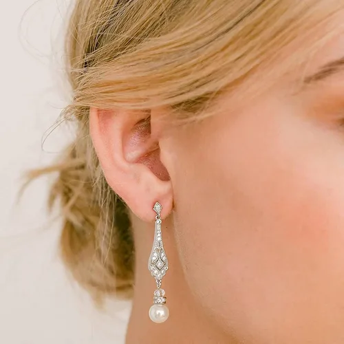 Vista 3 de Frankie Fashions Aretes colgantes de perlas vintage para novias, damas de honor, madre de la novia con impresionantes perlas y circonita cúbica