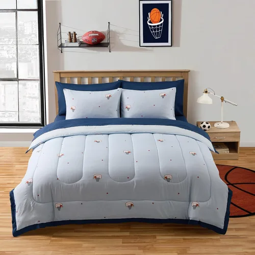 Vista 10 de Juego de edredón con diseño de baloncesto tamaño individual – Ropa de cama en una bolsa con sábanas, fundas de almohada y fundas decorativas