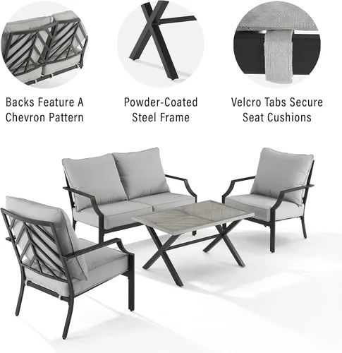 Vista 12 de Crosley Furniture Otto - Juego de muebles de patio de 4 piezas Chevron para exteriores, juegos de conversación para porche, negro mate con cojines