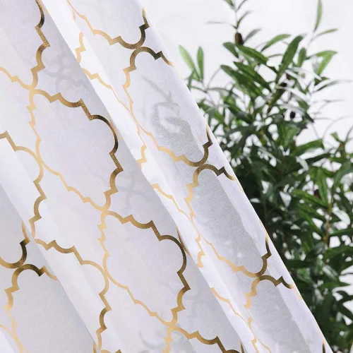 Vista 3 de YJ YANJUN Cortinas traslúcidas de 63 pulgadas de largo, cortinas de gasa metálicas doradas y blancas para dormitorio, diseño moderno marroquí