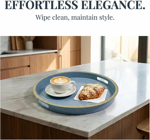 Vista 4 de Bandeja decorativa azul para mesa de café, bandeja de servir redonda de plástico con cuentas para encimera de cocina, otomana, sala de estar, (13")