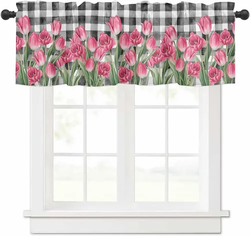 Vista 10 de Cenefa de primavera con amarre para ventanas de cocina, cenefas de cortina con lindos huevos coloridos de conejo, 42 x 12 pulgadas, 1 panel