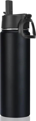 Vista 23 de Neihepal Botellas de agua aisladas de 22 onzas con tapa con popote a prueba de fugas, botella de agua de acero inoxidable de doble pared de boca