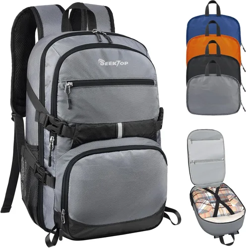 Vista 11 de Seektop Mochila de viaje ligera para hombres y mujeres, múltiples bolsillos 40L, mochila de senderismo plegable, Negro, Grande