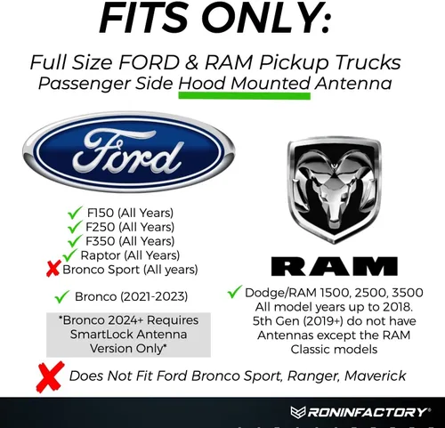 Vista 2 de RONIN FACTORY Antena de camión para Ford F150 F250 F350 Super Duty Raptor Bronco (21-23) Lightning Dodge RAM 1500 Accesorios - Antirrobo - Seguro