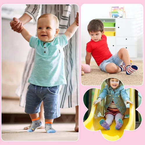 Vista 4 de ELUTONG Calcetines antideslizantes para niños pequeños con agarres, 12 pares para niños de 1 a 7 años, para niños y niñas
