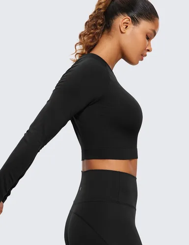 Vista 4 de CRZ YOGA Camisas de manga larga sin costuras para mujer, acanaladas, camisetas de entrenamiento atléticas, camisetas cortas para correr, gimnasio