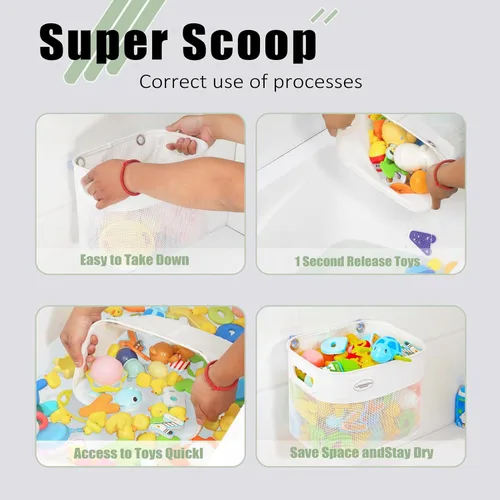 Vista 4 de Ligereza Quick Scoop Almacenamiento de juguetes de baño de malla para bebé, capacidad 2x y gran apertura, organizador de juguetes de baño para bebé