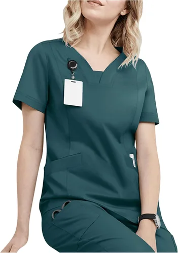 Vista 5 de Conjunto de uniforme médico para mujer, elástico en 4 direcciones, bolsillos ligeros, cuello en V, conjunto de ropa quirúrgica con cordón elástico