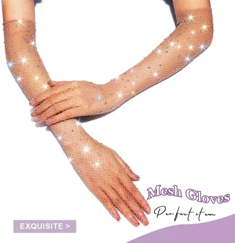 Vista 2 de Guantes largos de malla con diamantes de imitación, guantes de red brillantes de moda, ópera, rave, fiesta, disfraces, guantes para mujeres y niñas