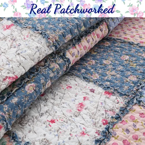 Vista 3 de Cozy Line Home Fashions - Juego de ropa de cama reversible de 100% algodón con diseño de patchwork real, estilo cottage francés, floral, colcha
