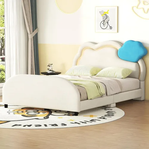 Vista 10 de Cama de plataforma tapizada de tamaño individual con cabecero en forma de oso y rayas de luz incrustadas, bonito marco de cama de plataforma