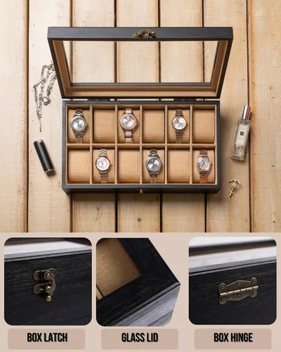 Vista 2 de Exper City Caja de reloj, caja de reloj para hombres y mujeres con tapa de vidrio grande, caja de almacenamiento de madera con 12 ranuras