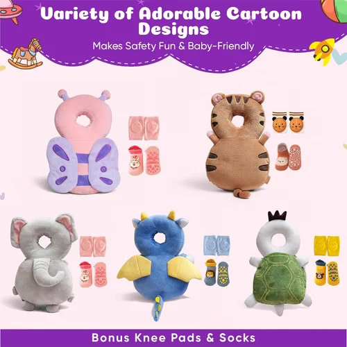 Vista 10 de HippoBaby Mochila protectora de cabeza de bebé, cojín de seguridad para gatear y caminar - Almohada de protección contra caídas con correas Elefante