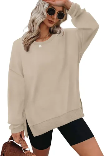Vista 6 de XIEERDUO Sudaderas de gran tamaño para mujer, estilo casual, cuello redondo, manga larga, cómodas 01-Negro