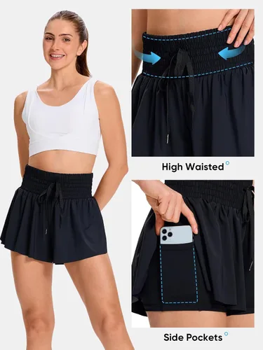 Vista 4 de Blaosn Pantalones cortos deportivos fluidos para mujer, entrenamiento, correr, gimnasio, yoga, falda pantalón de cintura alta, falda de sudor, ropa