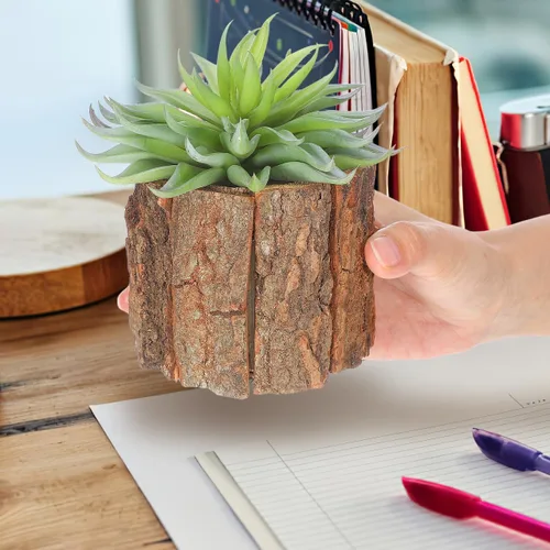 Vista 5 de Housoutil Jarrón de madera para centros de mesa, paquete de 3 macetas rústicas de tocón de árbol, cubo de flores de corteza de madera para bodas