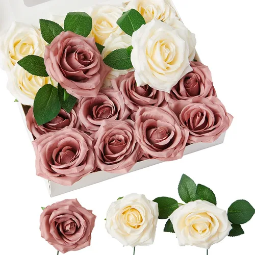 Vista 13 de Rosas artificiales, rosas artificiales, rosas artificiales de seda con tallos para ramos de boda, mesas de fiesta, centros de mesa, arreglos Negro