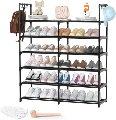 Vista 13 de Estante para zapatos de 2 filas y 4 niveles, estante de zapatos apilable de metal negro con ganchos multifuncionales, capacidad para 16-20 pares