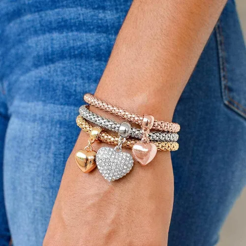 Vista 2 de SILANER Pulseras multicapa con dijes de cristal, 3 unidades, oro y plata, oro rosa, pulsera elástica en forma de corazón para mujer, árbol de la vida