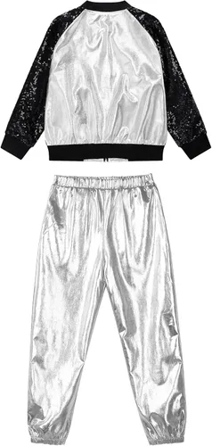 Vista 4 de TiaoBug Disfraz de baile de jazz hip hop para niños y niñas, brillante, metálico, manga larga, chaqueta bomber y pantalones deportivos