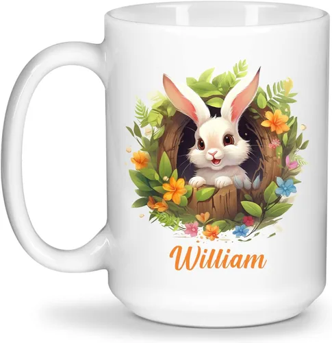 Vista 20 de Taza de viaje de cerámica personalizada de conejo, taza con nombre personalizado para los amantes de los conejos, taza de té con nombre temático