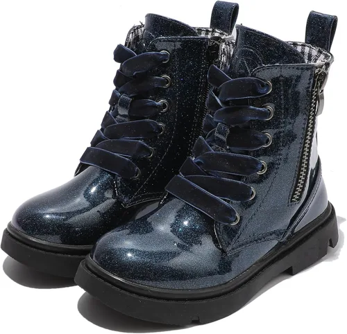 Vista 7 de DADAWEN Botas de tobillo con purpurina para niños y niñas, zapatos de combate impermeables con cremallera lateral para niños pequeños, niños grandes