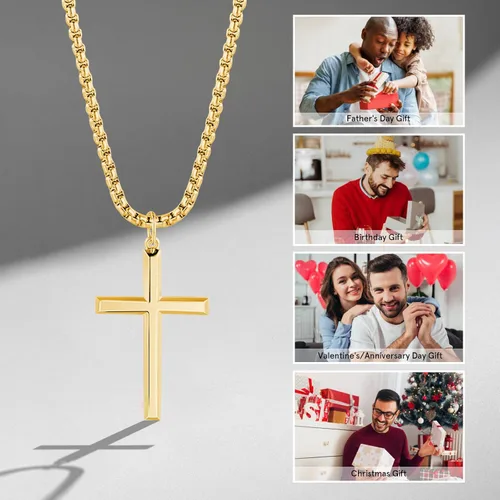 Vista 5 de FANCIME Cross Necklace for Men Sterling Silver Cross Necklaces High Polished Gift For Men, Stainless Steel Box Chain Length 24 Inch Oro pulido