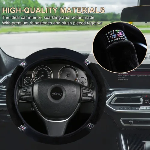 Vista 2 de Funda de volante esponjosa, protector de volante de coche universal de 15 pulgadas con diamantes de imitación de cristal coloridos, protector