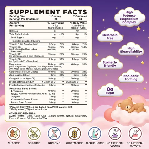 Vista 2 de Gomitas calmantes de magnesio para niños y adultos, complejo de magnesio con L-teanina, vitamina C, K2, D3, Omega-3, GABA, manzanilla, apoya