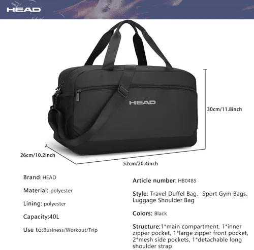 Vista 5 de HEAD Bolsa de viaje impermeable de 40L para hombres, bolsas deportivas grandes para gimnasio, fitness, fin de semana durante la noche, bolsa