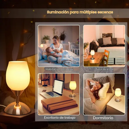 Vista 5 de Lámpara táctil pequeña para mesita de noche de dormitorio, lámparas de noche regulables de 3 vías, lámpara de escritorio de vidrio opal, base
