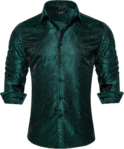 Vista 29 de DiBanGu Camisa de vestir de paisley de seda para hombre, formal, de manga larga, con cuello abotonado, camisas informales para fiesta de boda Negro