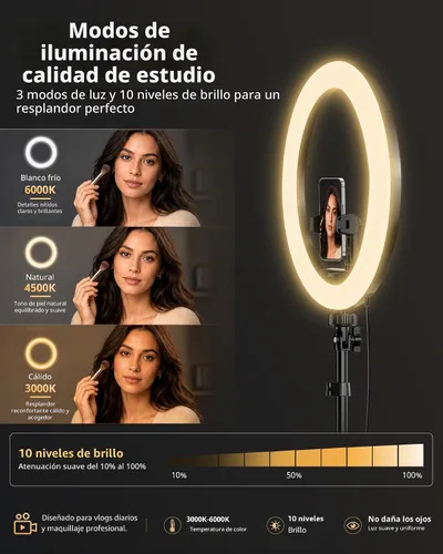 Vista 2 de UBeesize - Anillo de luz para selfie con trípode y soporte para teléfono celular para transmisión en vivo/maquillaje, mini luz LED para cámara