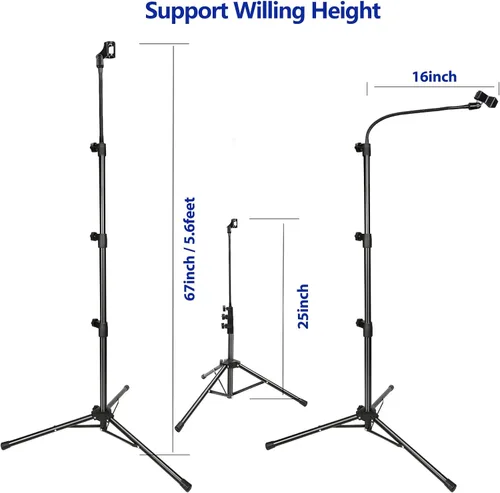 Vista 4 de Soporte para Micrófono, Soportes de Micrófono de Brazo Trípode con Cuello de Cisne, Soporte de Micrófono de Altura Ajustable de 24" a 67" con 2
