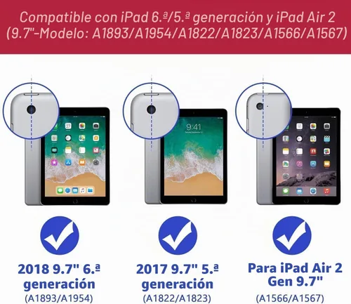 Vista 2 de BMOUO Funda para iPad de 6ª/5ª generación/Air 2, para iPad de 9.7 2018/2017 con protector de pantalla, soporte giratorio 360º y correa de mano y Azul