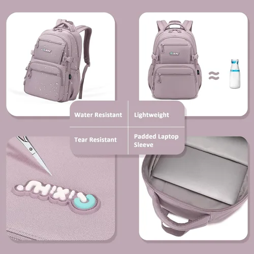 Vista 6 de ASKSKY Mochila para la escuela, mochila ligera para niños y niñas, mochila escolar para adolescentes, para hombres y mujeres, Púrpura, gris