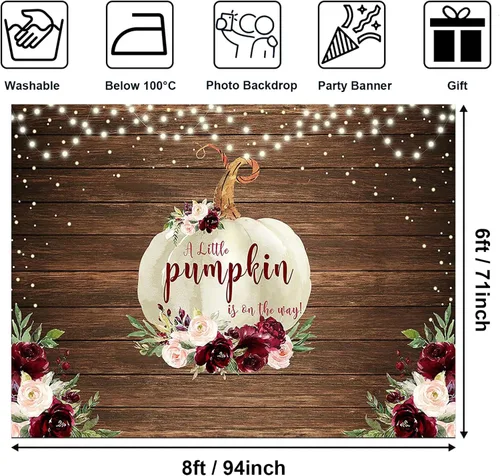 Vista 3 de Avezano Telón de fondo rústico de calabaza para baby shower, decoración de otoño con diseño floral de calabaza para baby shower, accesorios