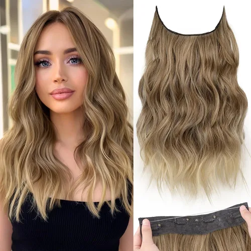 Vista 20 de KooKaStyle - Extensiones de cabello con hilo invisible, diadema transparente, ajustables, 4 clips fijadores, cabello largo y ondulado de 12