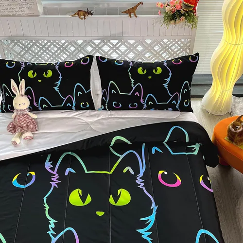 Vista 5 de BailiPromise Juego de edredón Kawaii de 3 piezas tamaño matrimonial, lindo juego de ropa de cama de dibujos animados de gatos, suave, cálido