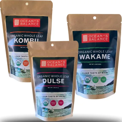 Vista 8 de Ocean's Balance Organic Flakes - Paquete combinado de algas marinas (bolsa de 4 onzas Dulse + 4 onzas de Wakame + Kombu) - Algas marinas de la costa