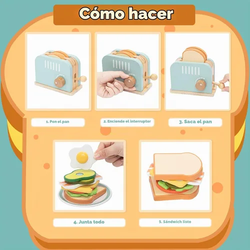 Vista 5 de Tostadora emergente de madera para niños, juego de simulación de comida
